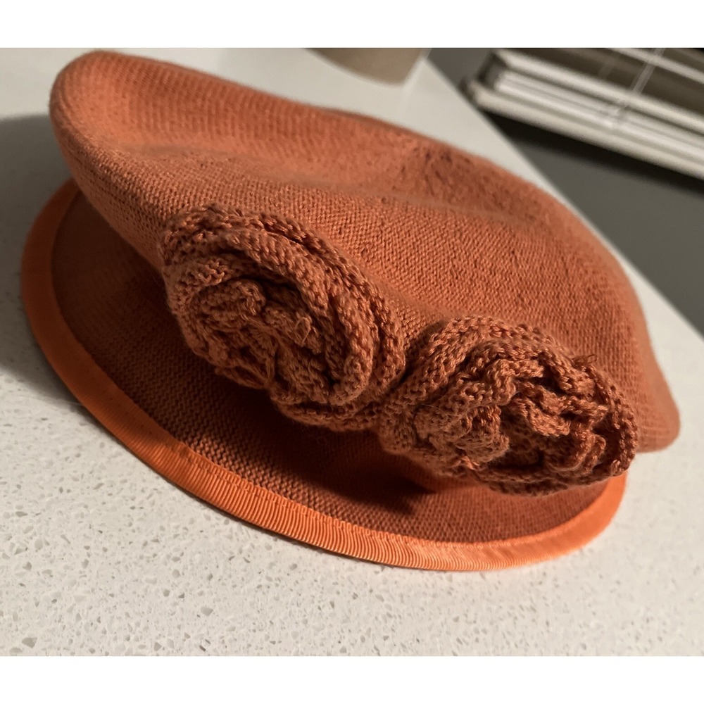M.O. Sellection Womens Beret Hat One Size Orange Crochet Yarn Rosette Flower